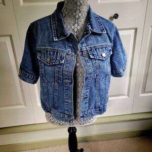 Women's Denim Jacket Short Cropped Short Sleeve Button Down Size Large